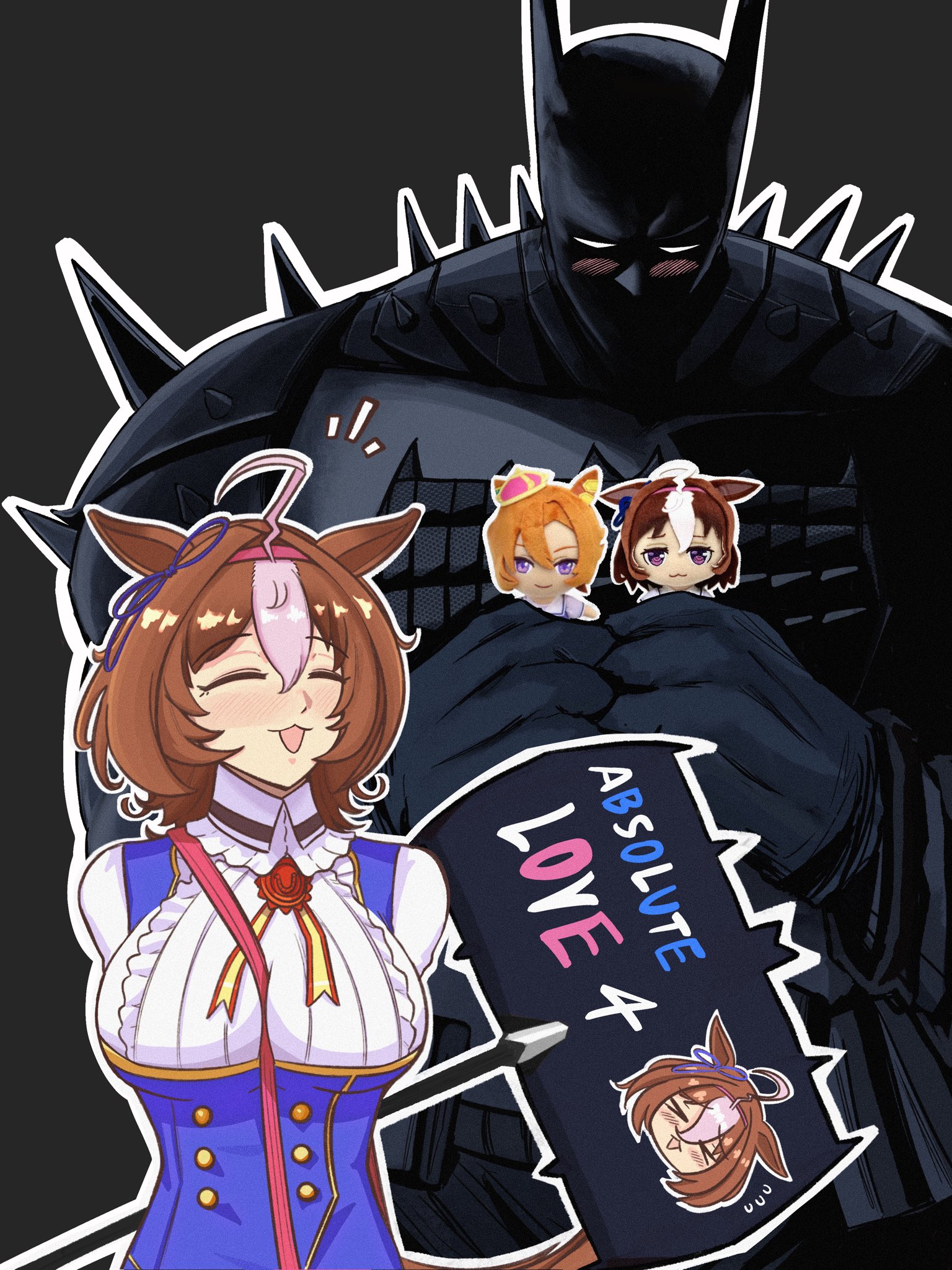 johnholl0w, batman, meisho doto (umamusume), t.m. opera o (umamusume), absolute batman, absolute dc, dc comics, umamusume, highres, 1boy, 1girl, ahoge, animal ears, between breasts, black background, blue dress, blush, bodysuit, bow, breasts, brown hair, cape, character doll, closed eyes, cowl, crossover, crown, doll, double-parted bangs, dress, ear ribbon, gloves, hair between eyes, hairband, headband, holding, holding doll, holding sign, horse ears, horse girl, large breasts, long sleeves, mask, medium hair, meisho doto (turbulent blue) (umamusume), mini crown, multicolored hair, open mouth, orange hair, pink crown, pink hairband, pink headband, purple eyes, purple shirt, sailor collar, sailor shirt, school uniform, shirt, short hair, sign, smile, strap between breasts, superhero costume, tracen school uniform, two-tone hair, white dress, white hair, white sailor collar