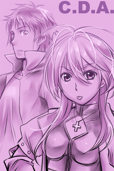 rakuto mangan, illia pazom, mashymre cello, char's deleted affair, gundam, bad id, bad pixiv id, 1boy, 1girl, aged down, cleavage cutout, clothing cutout, cross, jacket, jewelry, monochrome, necklace, pink theme, purple theme, tongue