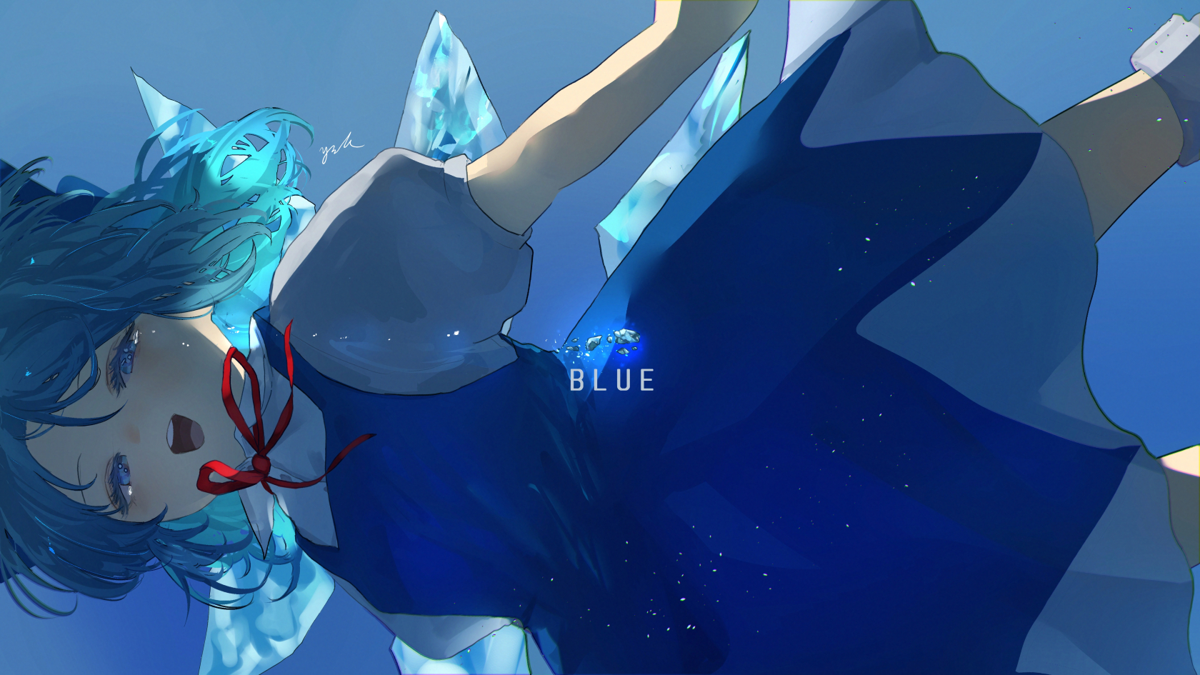 eneshi, cirno, touhou, highres, 1girl, blue bow, blue dress, blue eyes, blue hair, blush, bow, detached wings, dress, fairy, fairy wings, hair bow, hat, ice, ice wings, open mouth, pinafore dress, puffy short sleeves, puffy sleeves, ribbon, sad, short hair, short sleeves, sleeveless, sleeveless dress, solo, tears, underwater, wings
