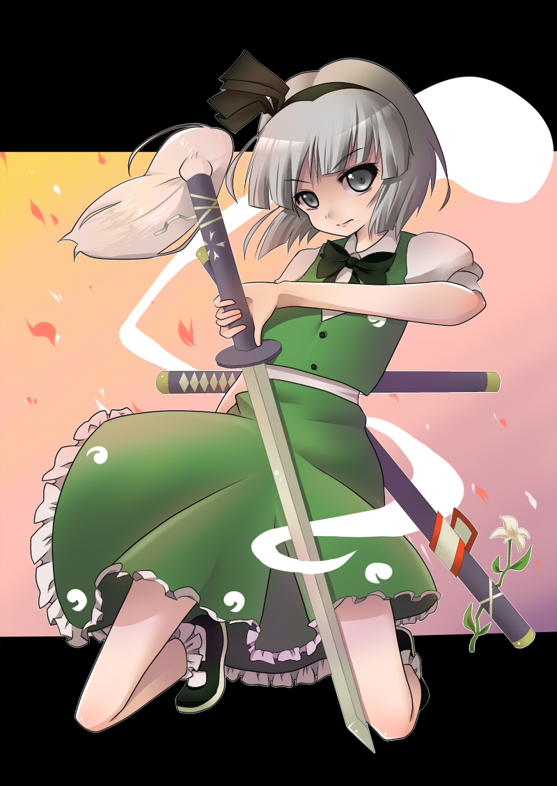 shie, shie (m417), konpaku youmu, konpaku youmu (ghost), touhou, silver hair, bad id, bad pixiv id, 1girl, female focus, flower, ghost, hairband, hitodama, katana, sheath, short hair, solo, sword, weapon