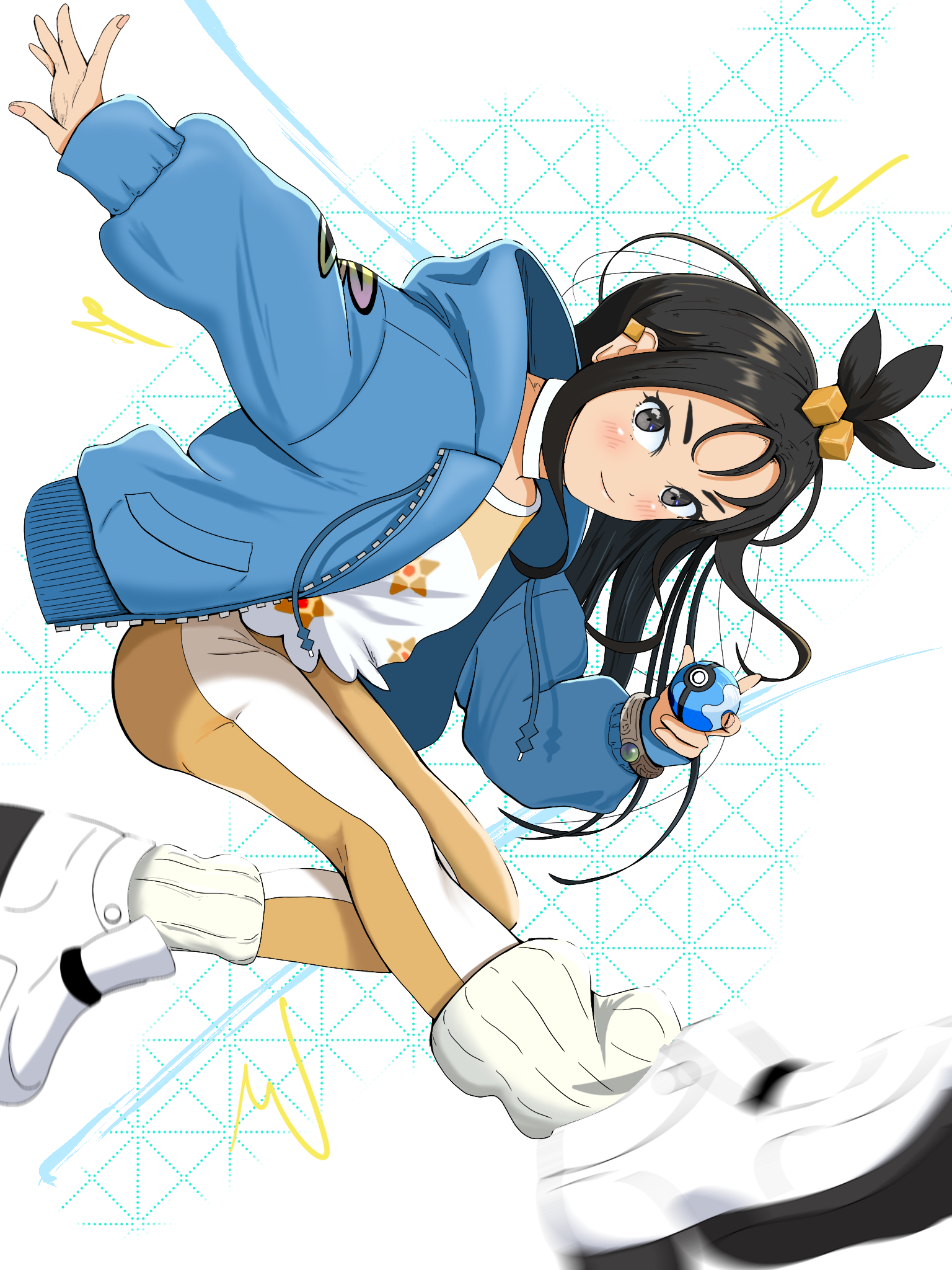 pippie an, lida (pokemon), nintendo, pokemon, pokemon legends: z-a, commentary request, highres, 1girl, bent over, black hair, blue hoodie, bracelet, choker, closed mouth, cube hair ornament, dive ball, eyelashes, grey eyes, hair ornament, holding, holding poke ball, hood, hood down, hoodie, jewelry, leggings, long hair, long sleeves, looking at viewer, open clothes, open hoodie, poke ball, print shirt, ribbed socks, shirt, shoes, smile, socks, solo, topknot, white background, white choker, white shirt, white shoes, white socks
