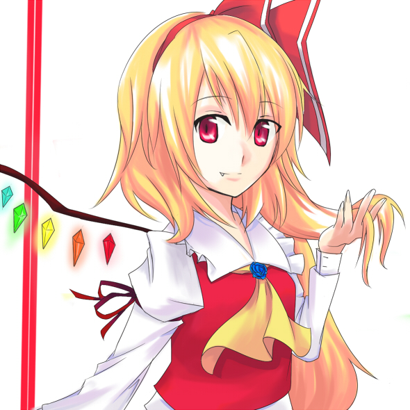 supei, flandre scarlet, touhou, bad id, bad pixiv id, 1girl, adapted costume, blonde hair, blouse, collared shirt, fang, female focus, hair between eyes, hairband, hand in own hair, red eyes, ribbon, shirt, solo, upper body, white background, white shirt, wings