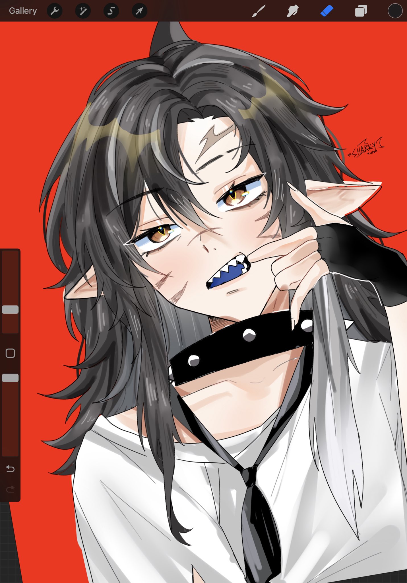 sharkyyuna, indie virtual youtuber, commentary, english commentary, highres, unfinished, 1girl, art program in frame, black collar, black gloves, black hair, black necktie, blue tongue, brown eyes, collar, colored tongue, fingerless gloves, gloves, hair between eyes, long hair, looking at viewer, loose necktie, necktie, open mouth, parted bangs, pointy ears, red background, scar, scar on face, sharp teeth, shekai (vtuber), shirt, simple background, sketch, solo, spiked collar, spikes, teeth, upper body, virtual youtuber, white shirt