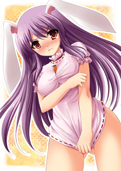 yukizuki chikuba, inaba tewi, reisen udongein inaba, touhou, breast hold, 1girl, :t, angry, animal ears, blush, bottomless, breasts, breasts squeezed together, cosplay, covering crotch, covering privates, dress, dress tug, embarrassed, female focus, frown, gluteal fold, inaba tewi (cosplay), no panties, pink skirt, rabbit ears, short dress, skirt, solo, taut clothes, taut dress, undersized clothes