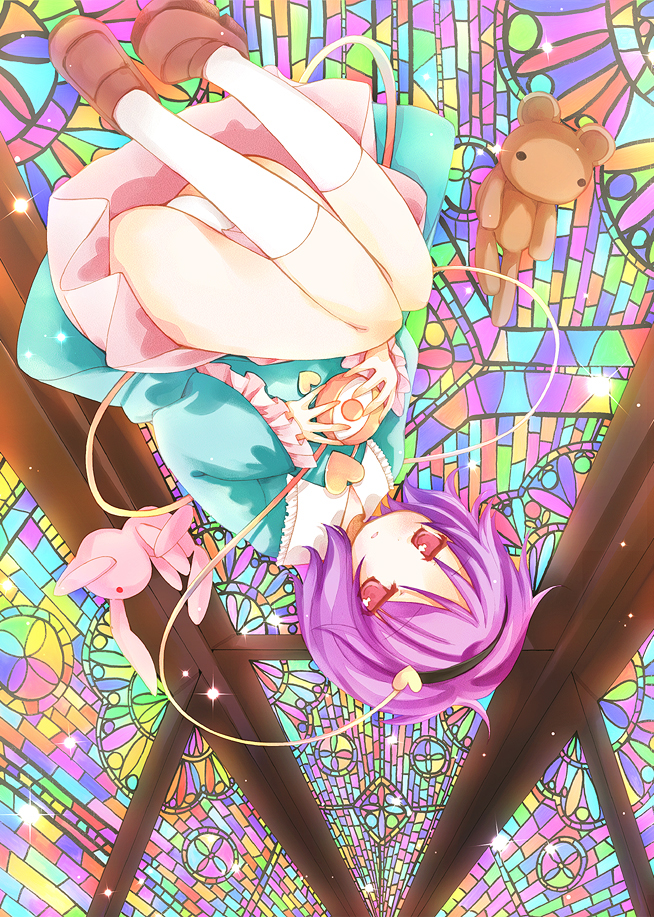 catbell, komeiji satori, touhou, bad id, bad pixiv id, 1girl, blush, falling, female focus, hairband, heart, kneehighs, panties, pantyshot, purple hair, red eyes, shoes, short hair, socks, solo, stuffed animal, stuffed toy, teddy bear, underwear, upside-down, white panties, white socks