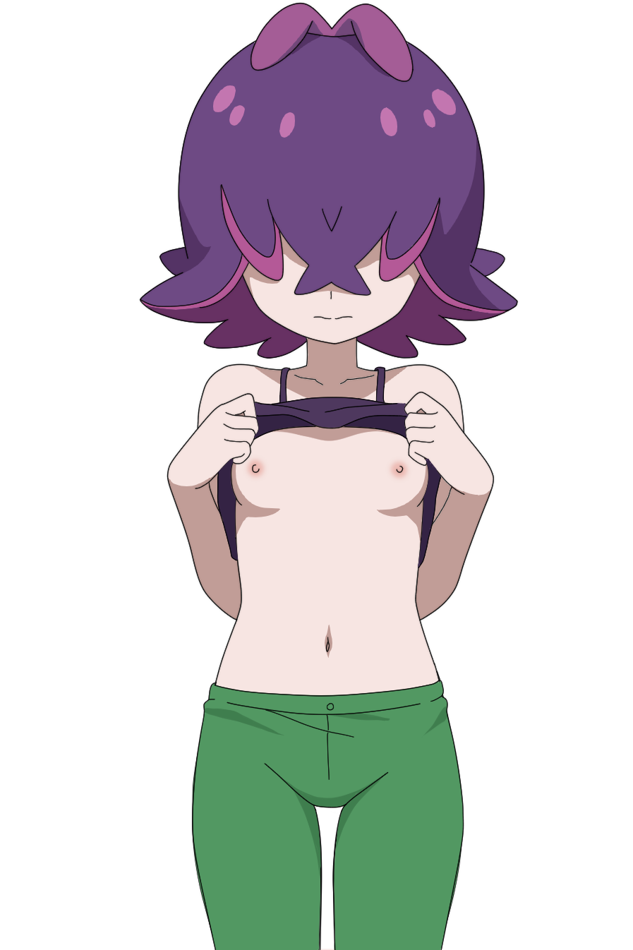 mnkr98, dot (pokemon), nintendo, pokemon, pokemon (anime), pokemon horizons, commentary, highres, 1girl, antenna hair, breasts, closed mouth, clothes lift, collarbone, facing viewer, green pants, hair over eyes, hands up, navel, nipples, pants, purple hair, purple shirt, shirt, shirt lift, short hair, simple background, solo, split mouth, white background