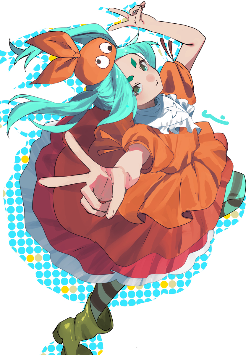 katagiri yuuhi (paulowniayuuhi), ononoki yotsugi, monogatari (series), commentary request, highres, 1girl, :>, aqua hair, aqua thighhighs, ben-day dots, boots, double v, dress, forehead, googly eyes, green eyes, hat, hikimayu, orange dress, orange hat, pantyhose, petticoat, rubber boots, screentones, short eyebrows, simple background, solo, solo focus, standing, standing on one leg, striped clothes, striped pantyhose, striped thighhighs, thick eyebrows, thighhighs, twintails, v, white background