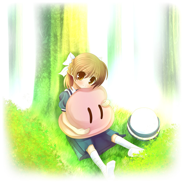 binzume suika, okazaki ushio, clannad, dango daikazoku, 00s, brown eyes, brown hair, dango, food, nature, solo, wagashi