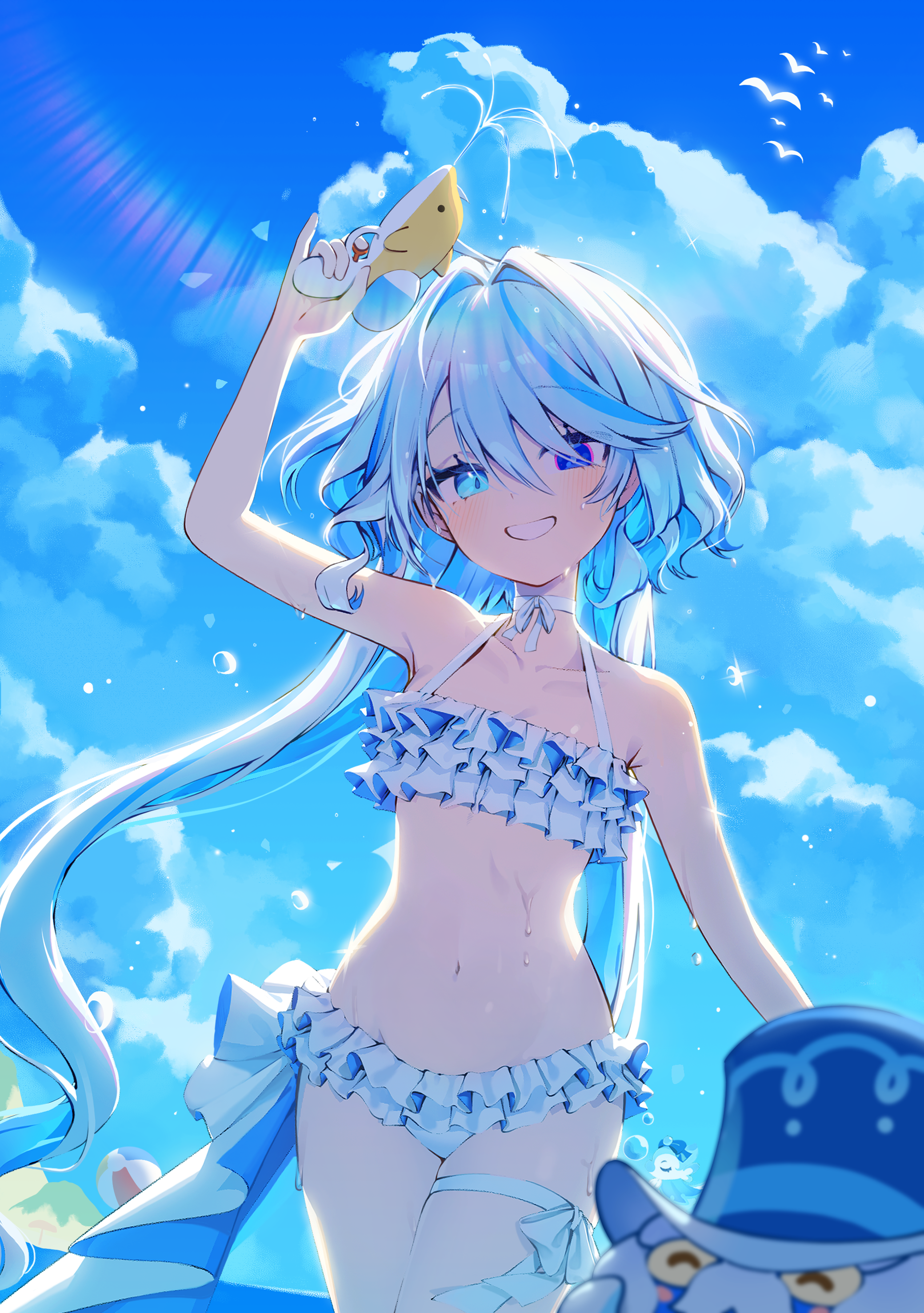 furina (genshin impact), gentilhomme usher, surintendante chevalmarin, genshin impact, absurdres, highres, 1girl, alternate costume, arm up, backlighting, ball, beachball, bikini, blue eyes, blue hair, blue sky, blush, breasts, clenched teeth, cloud, collarbone, colored inner hair, crossed legs, day, drop-shaped pupils, eyelash ornament, heterochromia, holding, holding water gun, kkochmanyeo, long hair, multicolored hair, navel, ruffle bikini, sky, small breasts, solo, stomach, swimsuit, symbol-shaped pupils, teeth, water gun, wet, white bikini