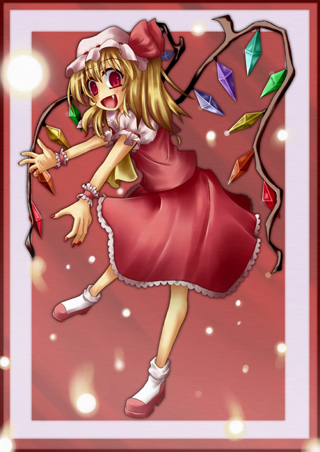 yuzu izumi, flandre scarlet, touhou, bad id, bad pixiv id, 1girl, blonde hair, blouse, fang, female focus, full body, hair between eyes, hat, mob cap, red eyes, red wrist cuffs, shirt, socks, solo, white hat, white shirt, white socks, wings, wrist cuffs