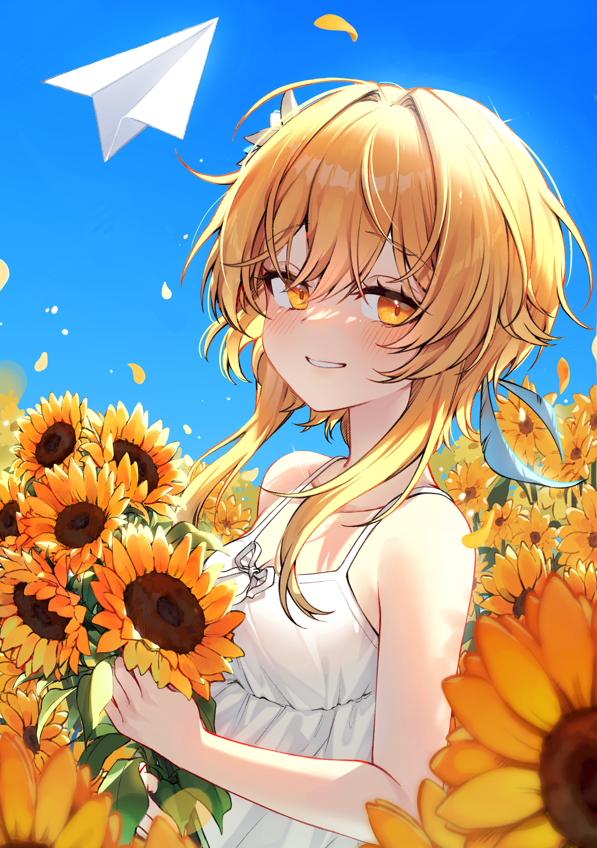 lumine (genshin impact), genshin impact, absurdres, highres, 1girl, alternate costume, blonde hair, blue sky, blush, breasts, clenched teeth, day, dress, field, flower, flower field, grin, hair flower, hair ornament, kkochmanyeo, looking at viewer, medium breasts, paper airplane, short hair with long locks, sky, smile, solo, spaghetti strap, sunflower, sunflower field, teeth, upper body, white dress, yellow eyes