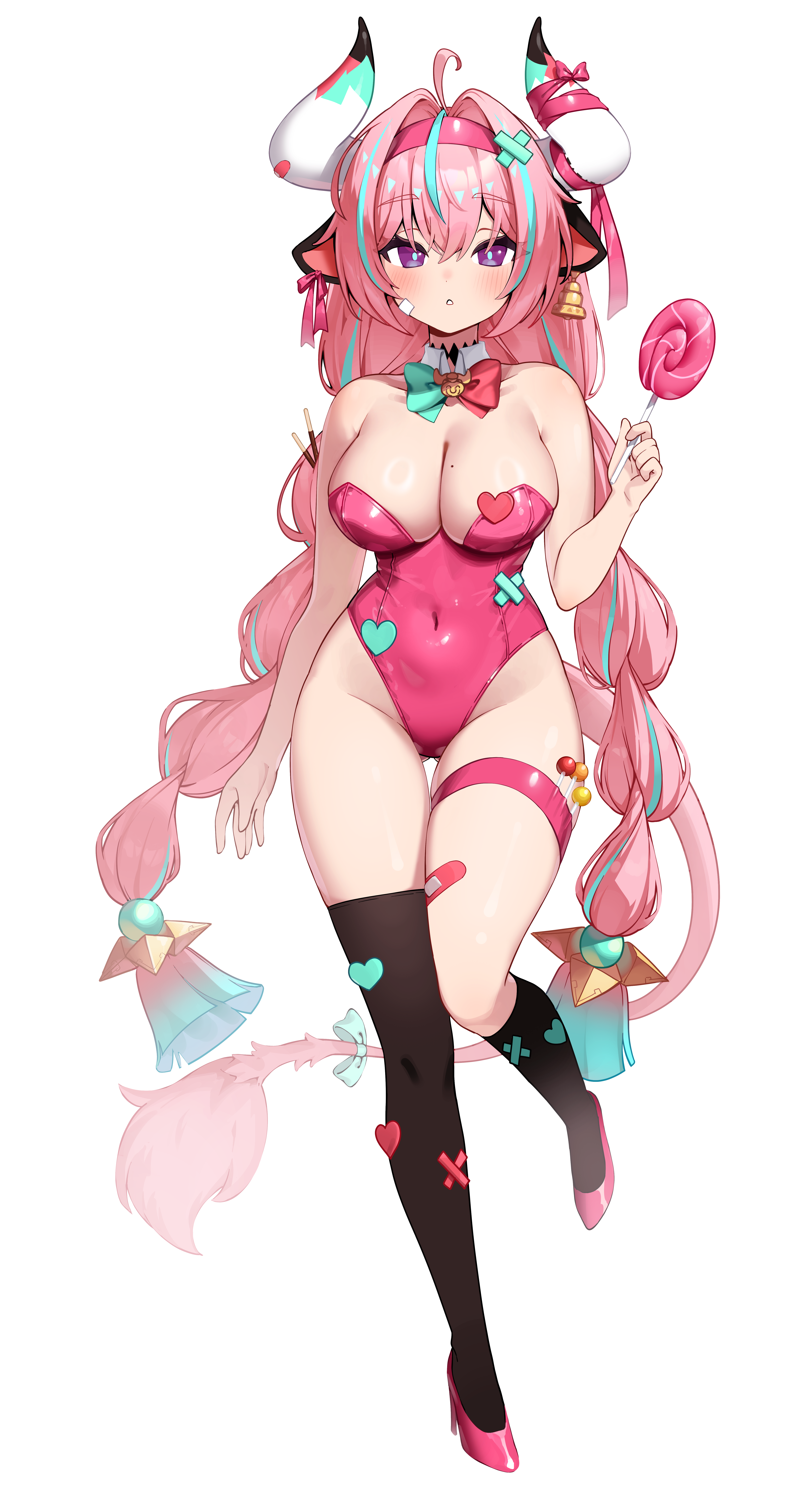 varesa (genshin impact), genshin impact, absurdres, highres, 1girl, animal ears, bell, bell earrings, black thighhighs, blush, bow, bowtie, braid, breasts, candy, covered navel, cow ears, cow girl, cow horns, cow tail, detached collar, earrings, food, full body, gluteal fold, hair intakes, hairband, high heels, holding, holding candy, holding food, holding lollipop, horns, jewelry, kkochmanyeo, large breasts, leotard, lollipop, long hair, low twin braids, mole, mole on breast, multicolored hair, parted lips, pink hair, pink hairband, pink leotard, pink shoes, pink tail, purple eyes, shoes, simple background, solo, strapless, strapless leotard, streaked hair, tachi-e, tail, thigh gap, thigh strap, thighhighs, twin braids, very long hair, white background, white horns