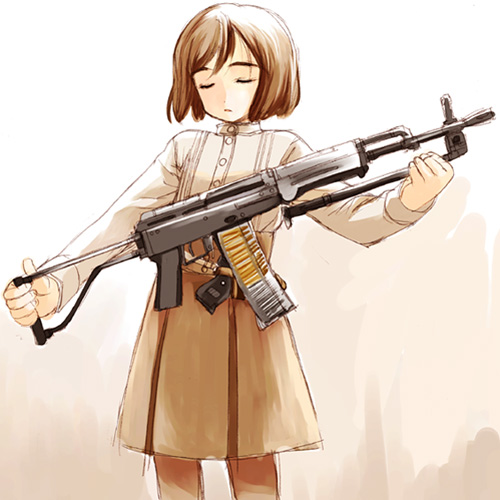 henrietta (gunslinger girl), gunslinger girl, lowres, 00s, assault rifle, bob cut, brown hair, closed eyes, gun, kalashnikov, light machine gun, machine gun, rifle, rpk, short hair, skirt, solo, weapon