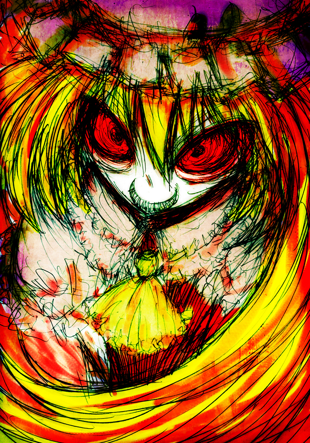 shisen, flandre scarlet, touhou, highres, 1girl, blonde hair, crazy eyes, female focus, grin, hat, red eyes, smile, solo