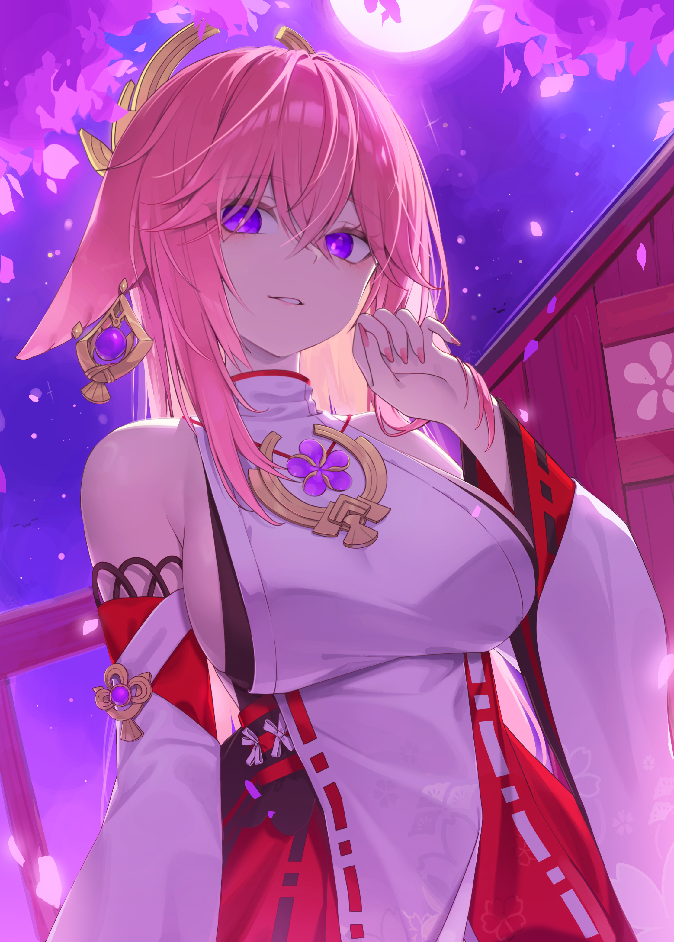 yae miko, genshin impact, absurdres, highres, 1girl, animal ears, breasts, cherry blossoms, detached sleeves, earrings, floppy ears, fox ears, hair ornament, hand up, jewelry, kkochmanyeo, large breasts, looking at viewer, nail polish, nontraditional miko, parted lips, pink hair, pink nails, purple eyes, purple sky, sideboob, sky, solo, wide sleeves