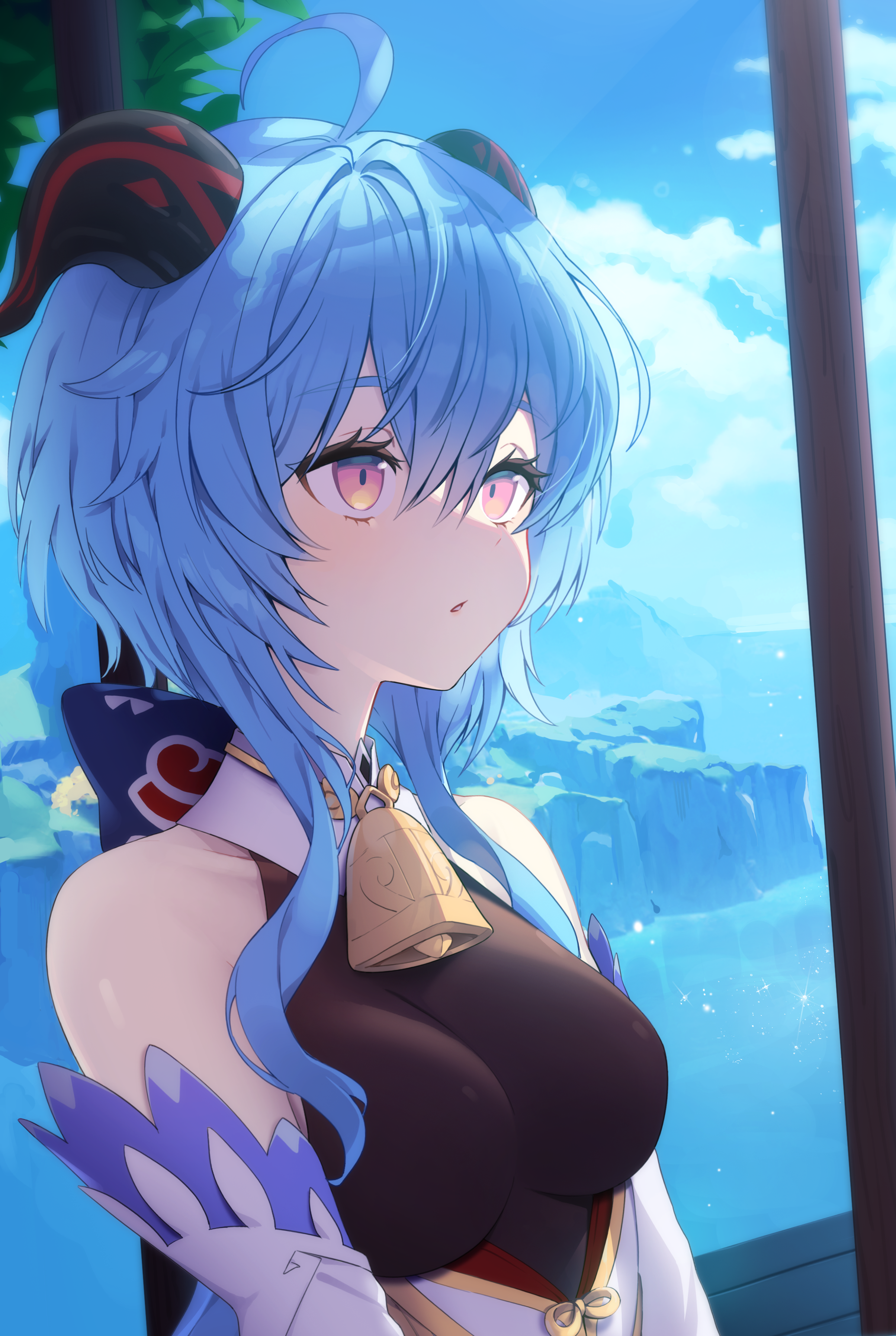 ganyu (genshin impact), genshin impact, absurdres, highres, 1girl, ahoge, bare shoulders, bell, blue hair, blue sky, bodystocking, breasts, cowbell, detached collar, detached sleeves, goat horns, horns, kkochmanyeo, long hair, looking ahead, medium breasts, neck bell, ocean, parted lips, purple eyes, sidelocks, sky, solo, upper body, white sleeves