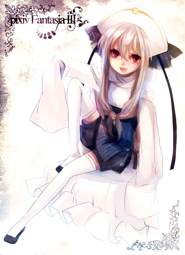 shimakoma, pixiv fantasia, pixiv fantasia 3, bad id, bad pixiv id, dress, hat, long hair, long sleeves, red eyes, ribbon, solo, thighhighs, white hair
