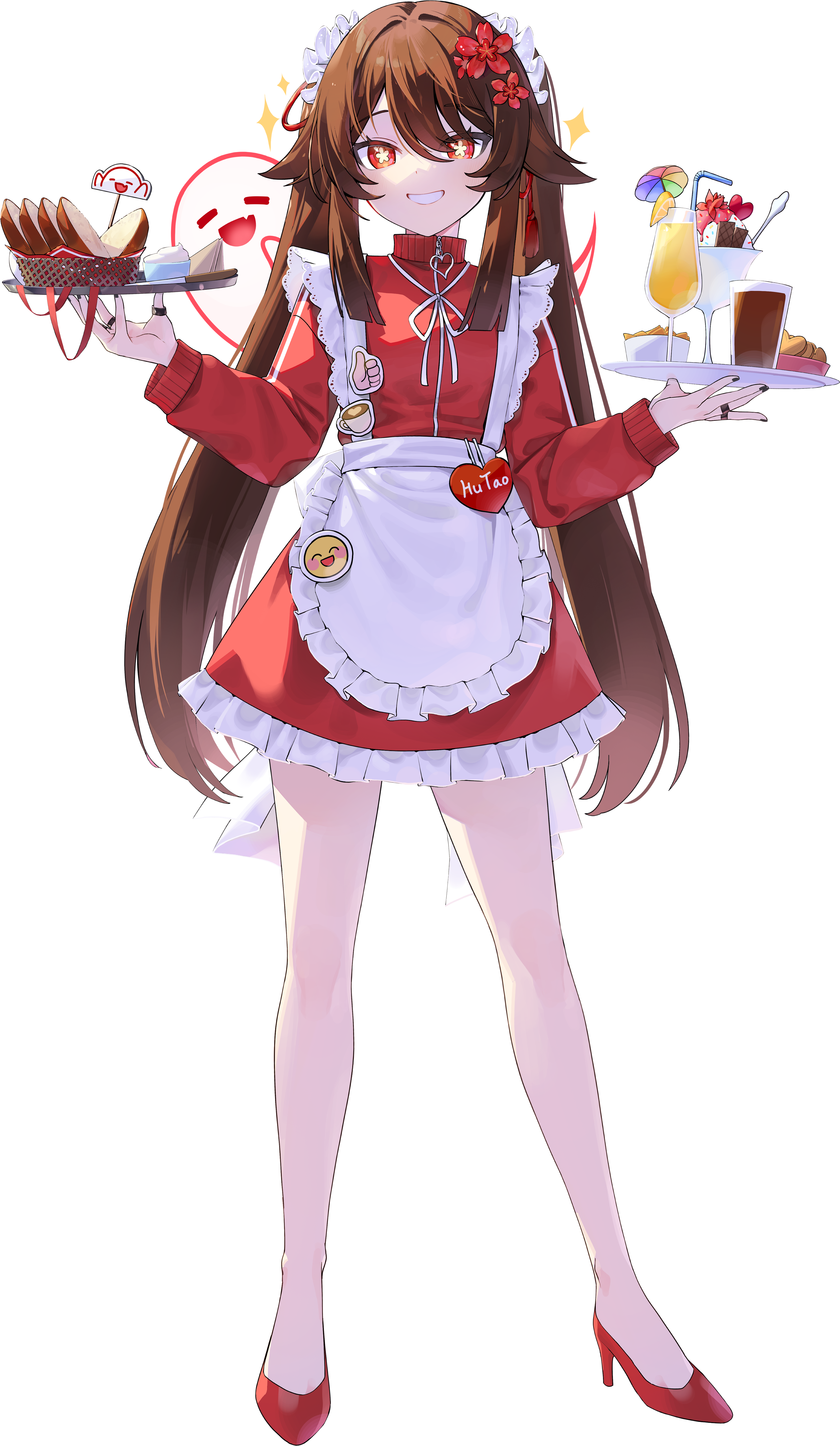 boo tao (genshin impact), hu tao (genshin impact), genshin impact, absurdres, commentary request, highres, korean commentary, 1girl, alternate costume, apron, badge, bread, brown hair, button badge, clenched teeth, flower-shaped pupils, food, full body, glass, high heels, holding, holding tray, jacket, jersey maid, kkochmanyeo, long hair, looking at viewer, maid, parfait, red eyes, red jacket, red skirt, skirt, smile, solo, sparkle, symbol-shaped pupils, tachi-e, teeth, track jacket, transparent background, tray, twintails, unconventional maid, waist apron