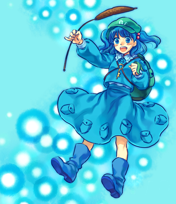 piyopunch, kawashiro nitori, touhou, bad id, bad pixiv id, 1girl, backpack, bag, blue eyes, blue hair, boots, female focus, hair bobbles, hair ornament, key, matching hair/eyes, randoseru, short hair, solo, twintails, two side up