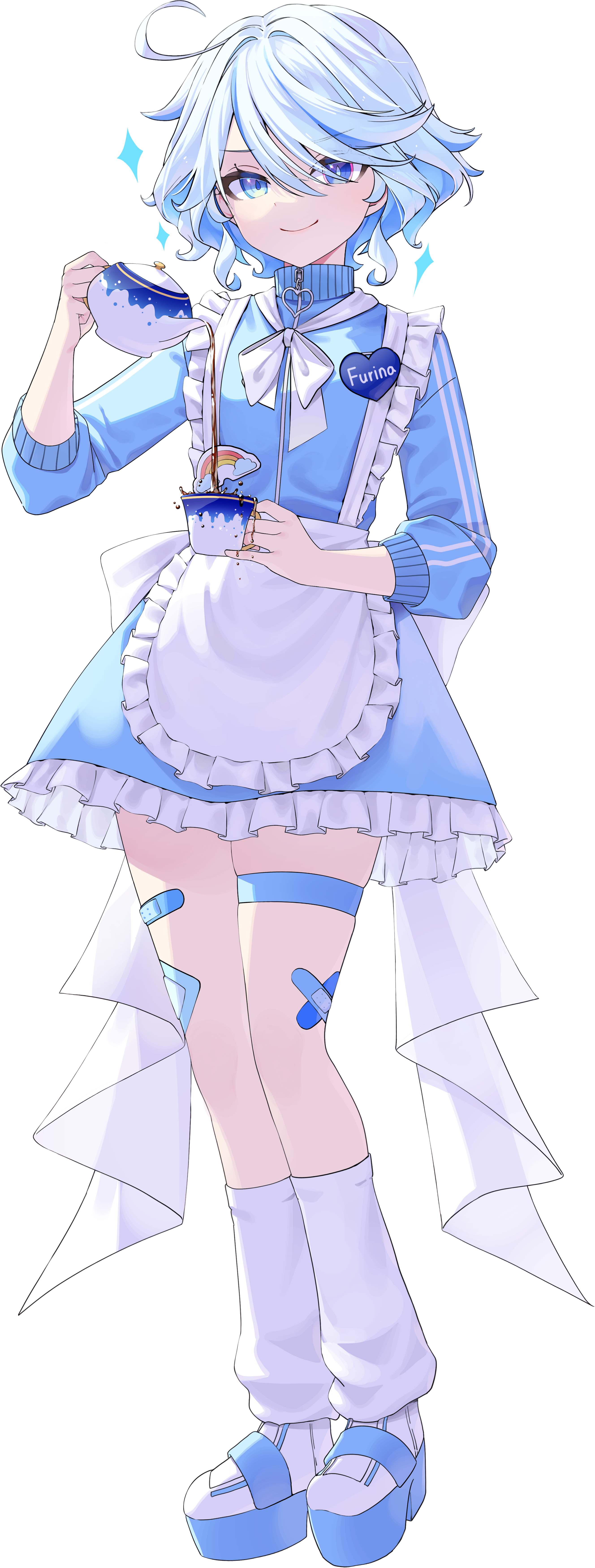 furina (genshin impact), genshin impact, absurdres, highres, 1girl, alternate costume, apron, badge, bandaid, bandaid on leg, blue eyes, blue hair, blue jacket, blue shoes, blue skirt, button badge, buttons, cup, drop-shaped pupils, eyelash ornament, heart button, heterochromia, holding, holding cup, holding teapot, jacket, jersey maid, kkochmanyeo, leg warmers, looking at viewer, maid, mismatched pupils, multicolored hair, pleated skirt, pouring, shoes, short hair, skirt, smile, solo, sparkle, spilling, streaked hair, symbol-shaped pupils, tachi-e, teapot, thigh strap, track jacket, transparent background, unconventional maid, waist apron, wavy hair, white leg warmers, white shoes