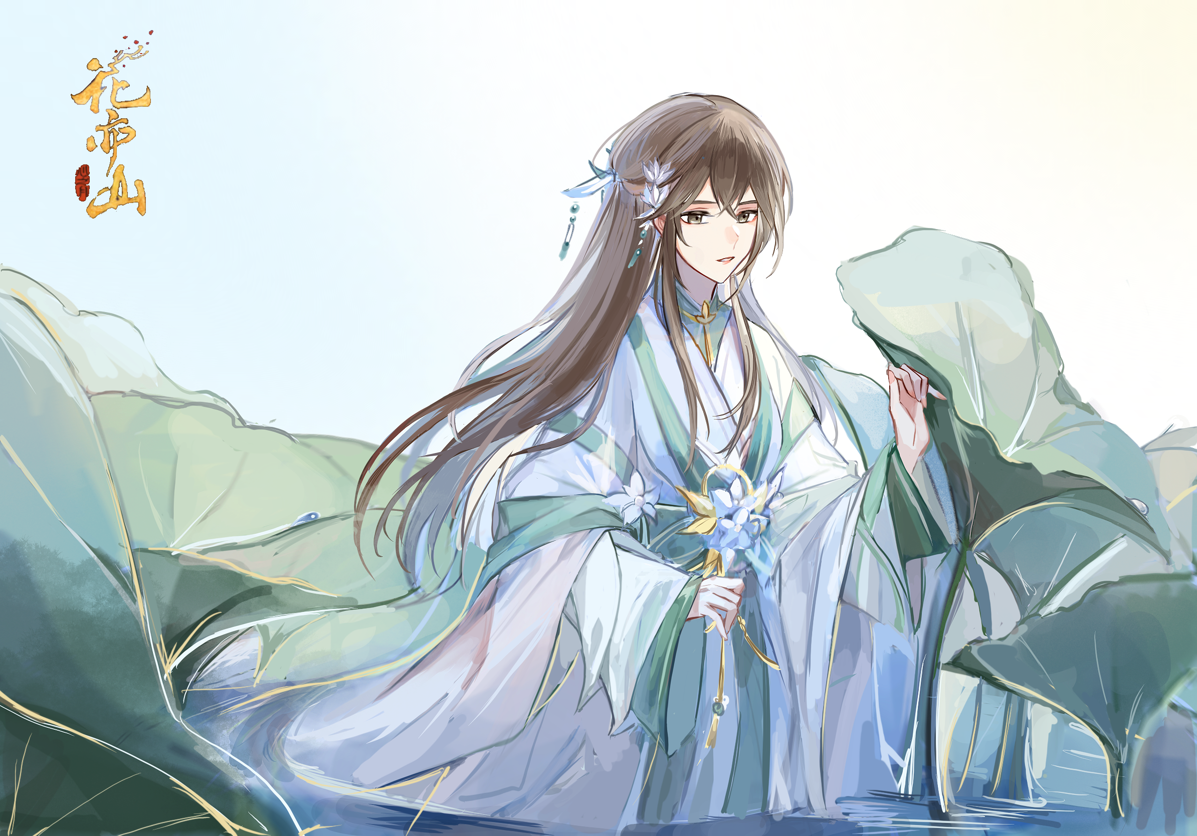 hua yi shanxin zhiyue, chinese commentary, highres, 1girl, aqua hanfu, aqua robe, aqua sarong, aqua shawl, black eyes, chinese clothes, chinese text, cnderg, cowboy shot, crossed bangs, day, eyeliner, flower, flower ornament, hair between eyes, hair flower, hair ornament, hair stick, hand up, hanfu, long hair, long sleeves, looking ahead, lotus leaf, makeup, orange lips, parted lips, red eyeliner, robe, sarong, sash, shawl, solo, the princess (hua yi shanxin zhiyue), wading, waist sash, water, white hanfu, white robe, wide sleeves