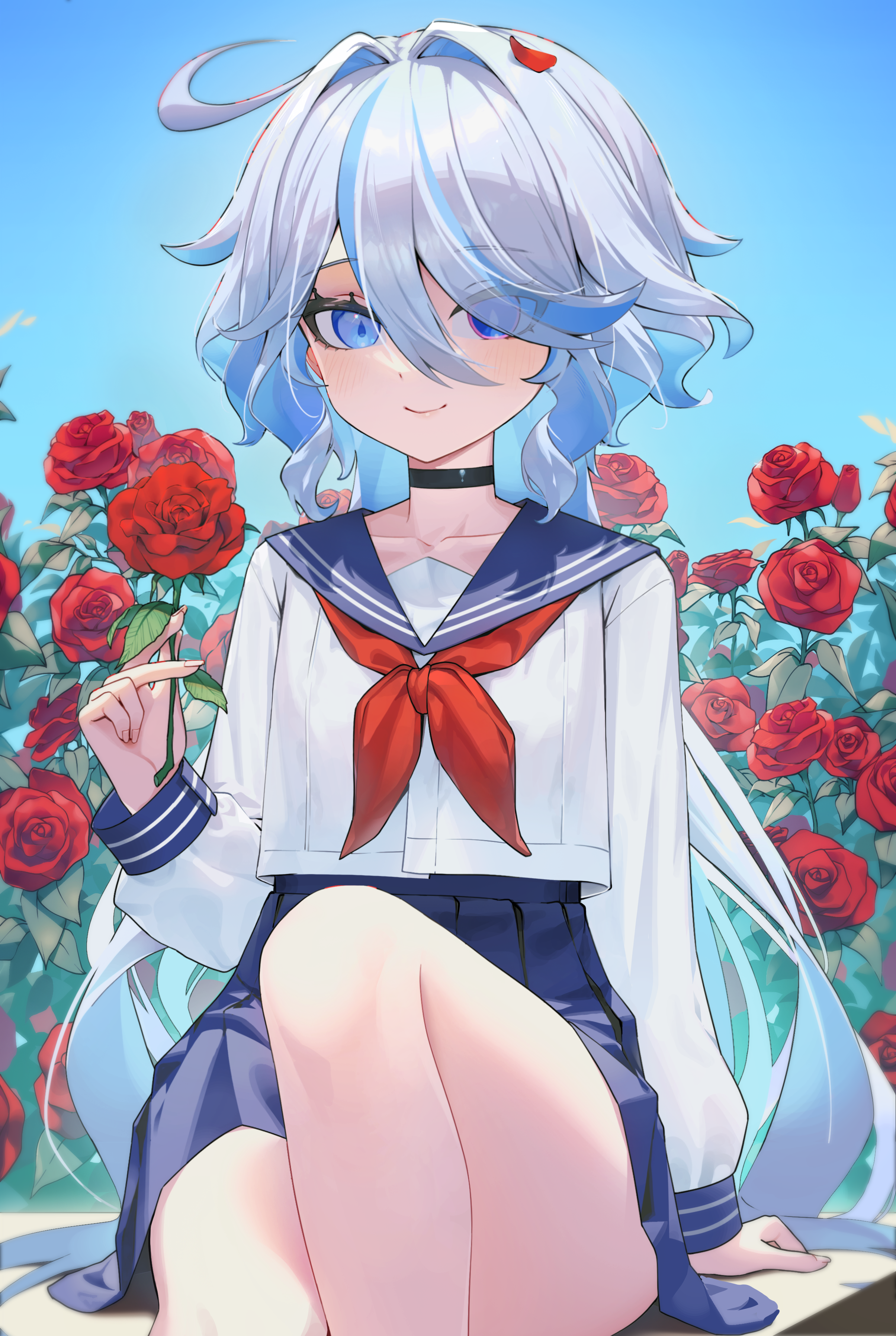 furina (genshin impact), genshin impact, absurdres, highres, 1girl, alternate costume, black choker, blue eyes, blue sailor collar, blue skirt, blue sky, blush, choker, closed mouth, collarbone, day, drop-shaped pupils, eyes visible through hair, field, flower, flower field, hair over one eye, heterochromia, holding, holding flower, kkochmanyeo, knee up, looking at viewer, mismatched pupils, neckerchief, red flower, red neckerchief, red rose, rose, sailor collar, school uniform, serafuku, shirt, sitting, skirt, sky, smile, solo, symbol-shaped pupils, thighs, white shirt