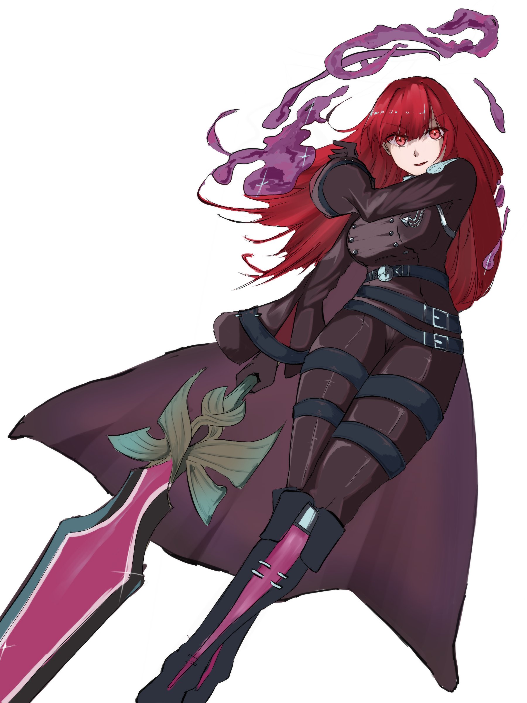 tarotaro0418, exosister martha, yu-gi-oh!, absurdres, highres, 1girl, belt, breasts, buttons, double-breasted, duel monster, exosister karmael, gloves, index finger raised, large breasts, long hair, pants, purple eyes, purple hair, solo, thigh belt, thigh strap, very long hair
