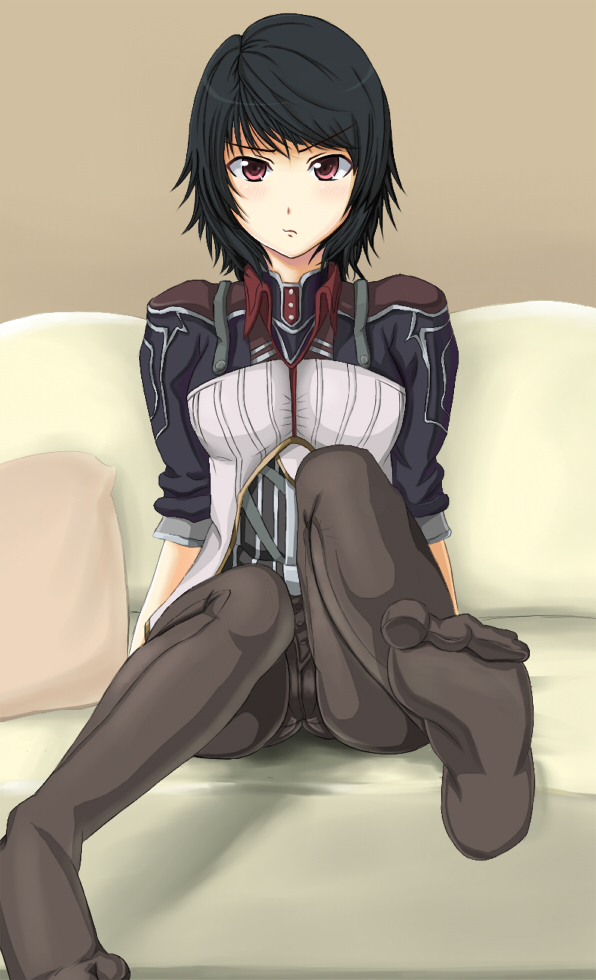 kazumania, kotabu-shin, calyce, granado espada, bad id, bad pixiv id, 1girl, black hair, crotch seam, feet, female focus, panties, panties under pantyhose, pantyhose, red eyes, solo, striped clothes, striped panties, underwear