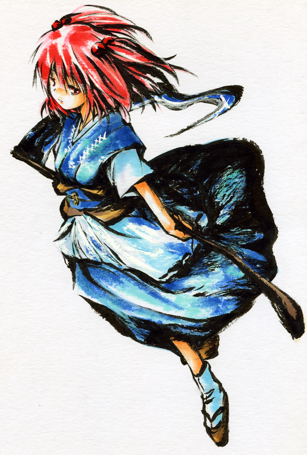 konoe yuba, onozuka komachi, touhou, bad id, bad pixiv id, highres, marker (medium), traditional media, 1girl, female focus, hair bobbles, hair ornament, red eyes, red hair, scythe, short hair, solo, twintails, two side up