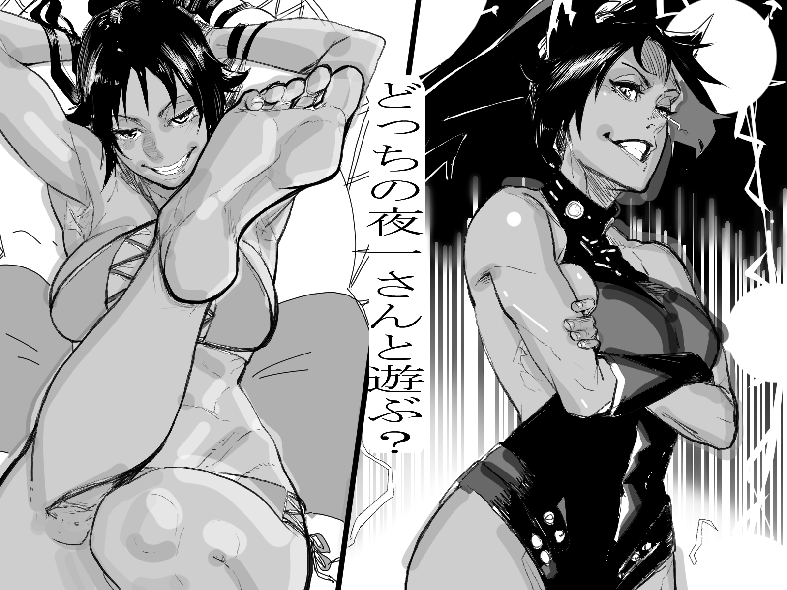 tata (pixiv57531723), shihouin yoruichi, bleach, bleach: brave souls, bleach: sennen kessen-hen, highres, translation request, arms behind head, bare shoulders, barefoot, bikini, black hair, black leotard, breasts, collarbone, crossed arms, electricity, electrokinesis, hair down, hair ears, japanese text, large breasts, leg up, leotard, long hair, monochrome, official alternate costume, shiny skin, standing, swimsuit, wet