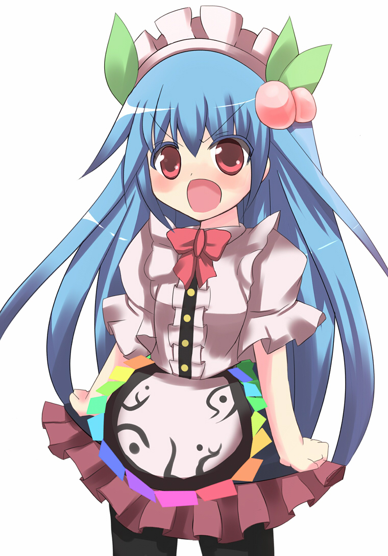 tsunono, hinanawi tenshi, touhou, 1girl, alternate costume, blue hair, child, enmaided, female focus, food, fruit, hairband, maid, pantyhose, peach, red eyes, simple background, solo, standing, white background