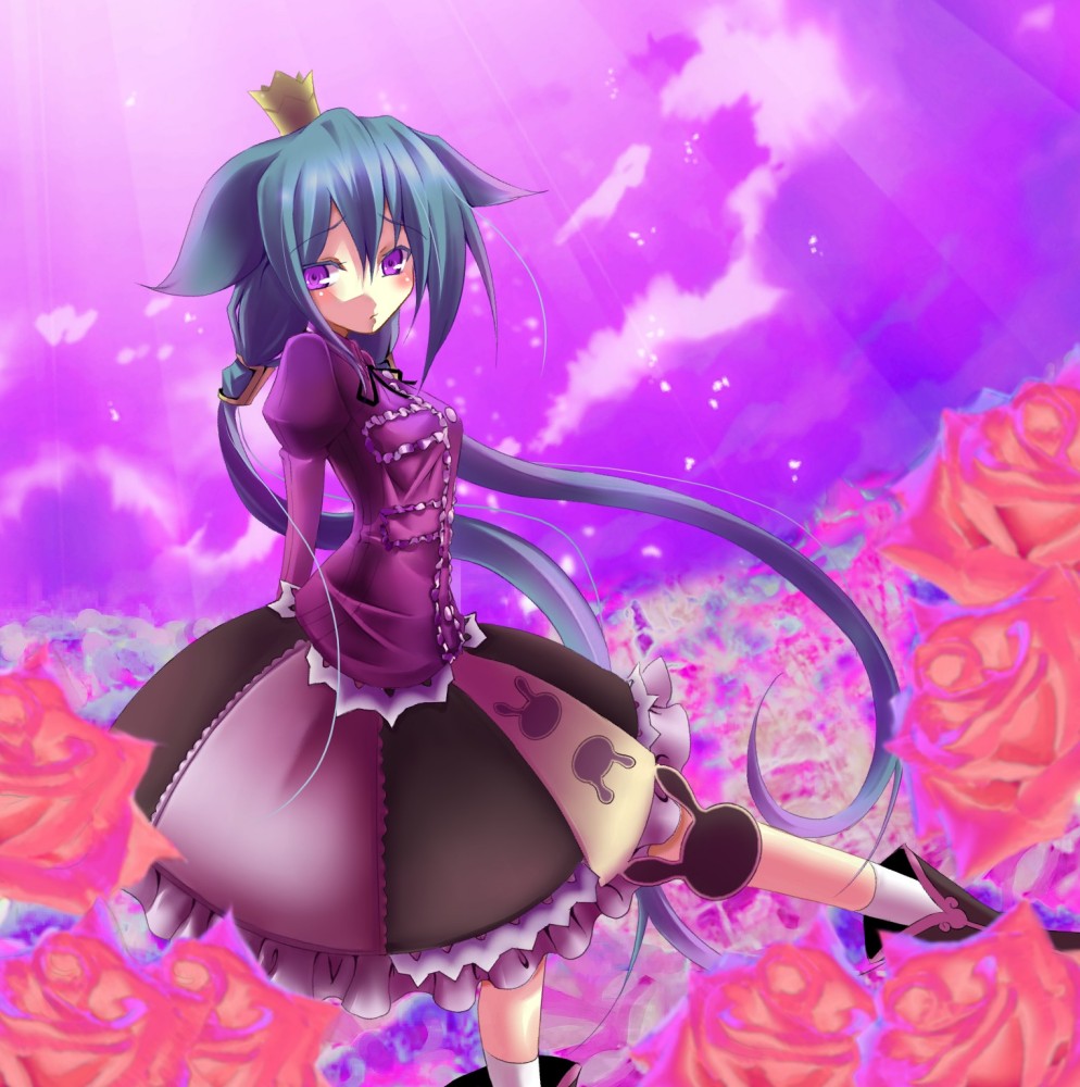 kujou ichiso, momomeno (7th dragon), princess (7th dragon), 7th dragon, 7th dragon (series), bad id, bad pixiv id, 1girl, crown, dress, female focus, floro (7th dragon), flower, green hair, long hair, purple eyes, solo