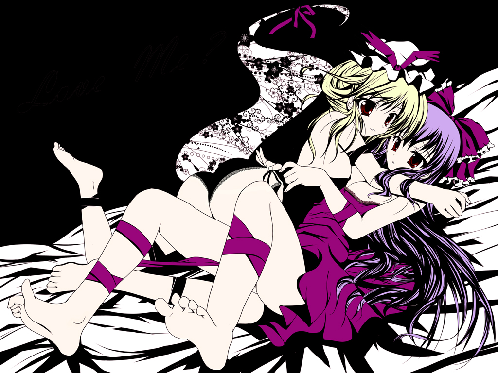 lastlong, hakurei reimu, yakumo yukari, touhou, bad id, bad pixiv id, 2girls, barefoot, blonde hair, bow, feet, female focus, gap (touhou), hair bow, hat, lingerie, long hair, multiple girls, purple hair, red eyes, ribbon, underwear