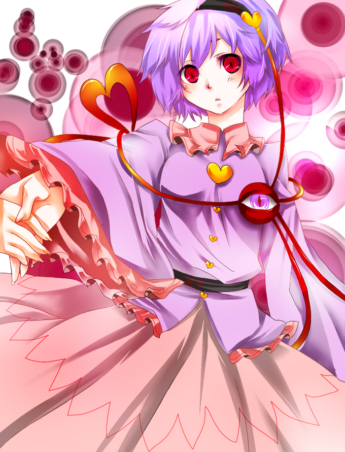 yutazou, komeiji satori, touhou, light purple hair, bad id, bad pixiv id, 1girl, expressionless, eyeball, female focus, heart, pink hair, red eyes, short hair, solo, standing, white background