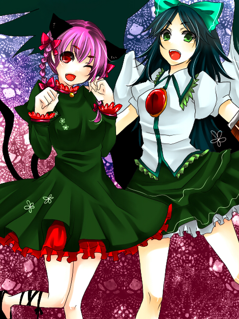 yutazou, kaenbyou rin, reiuji utsuho, touhou, bad id, bad pixiv id, 2girls, animal ears, female focus, multiple girls, wings