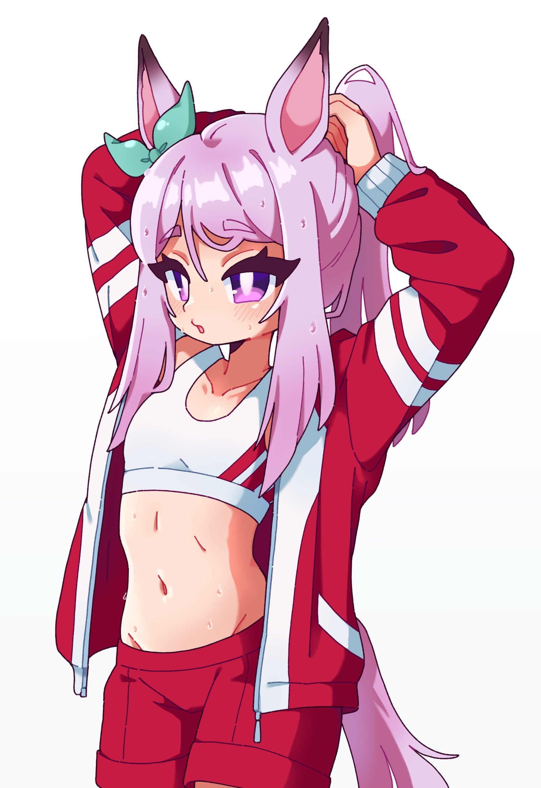 kitnoko, mejiro mcqueen (umamusume), umamusume, absurdres, highres, 1girl, animal ears, aqua bow, blush, bow, breasts, ear bow, ear ribbon, horse ears, horse girl, horse tail, jacket, long hair, long sleeves, looking at viewer, navel, open clothes, open jacket, open mouth, ponytail, purple eyes, purple hair, red jacket, red shorts, shorts, simple background, solo, sports bra, stomach, sweat, tail, tracen training uniform, track jacket, tying hair, white background, white sports bra