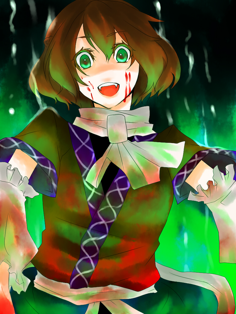 yutazou, mizuhashi parsee, touhou, bad id, bad pixiv id, 1girl, blonde hair, blood, fangs, female focus, green eyes, scarf, short hair, solo, standing