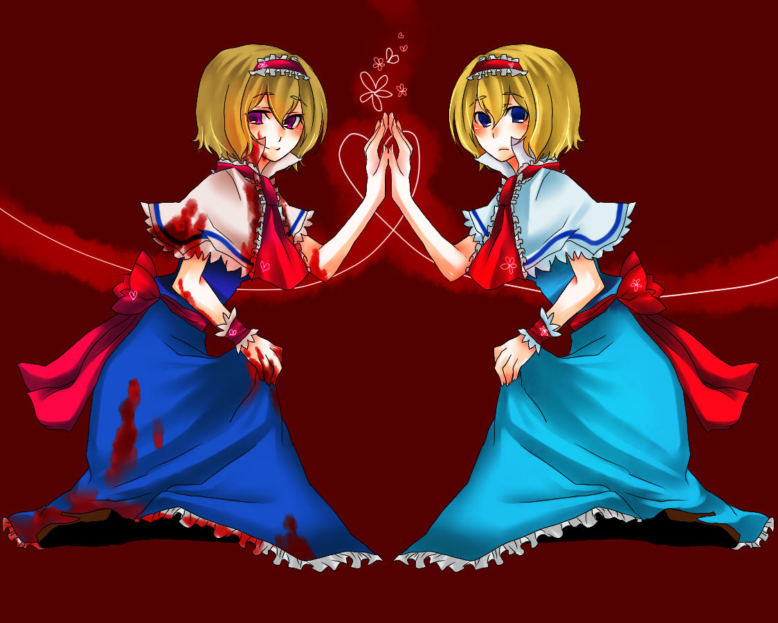 yutazou, alice margatroid, touhou, bad id, bad pixiv id, 1girl, blonde hair, blood, boots, clone, clothes lift, dual persona, female focus, full body, heart, high heel boots, high heels, kneeling, multiple views, ribbon, skirt, skirt lift, symmetrical hand pose