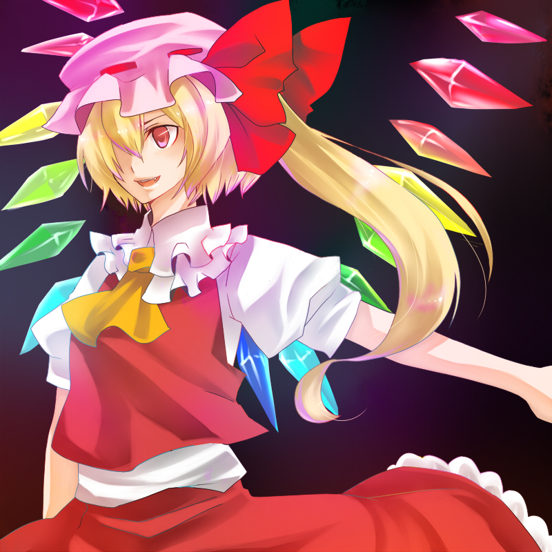 yutazou, flandre scarlet, touhou, bad id, bad pixiv id, 1girl, black background, blonde hair, blouse, collared shirt, dress, female focus, hat, mob cap, rainbow order, red dress, shirt, solo, white shirt, wings