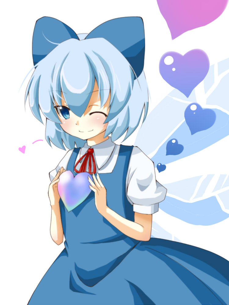 norun, cirno, embodiment of scarlet devil, touhou, 1girl, blouse, blue eyes, blue hair, dress, female focus, heart, matching hair/eyes, shirt, solo, white background, white shirt, wings