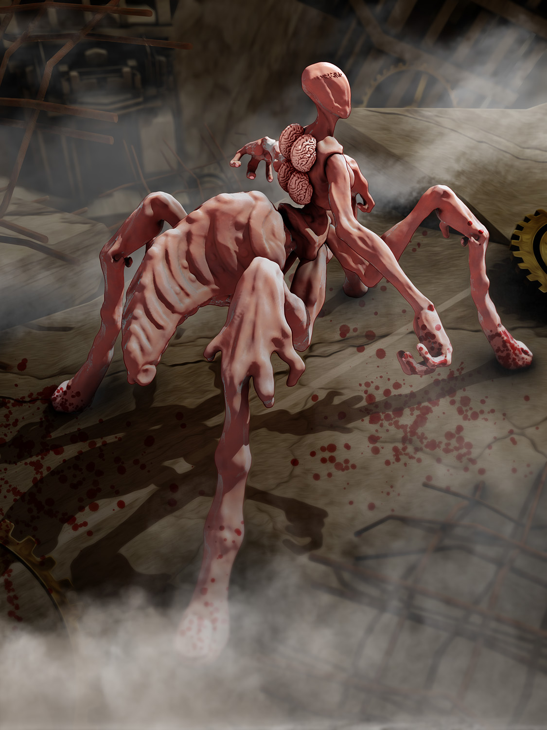 deino (deino3330), original, highres, 3d, body horror, brain, creature, faceless, monster, no humans, ruins