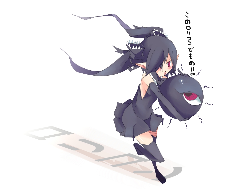 kanikama, backbeako (torotei), backbeard, gegege no kitarou, translation request, black dress, black gloves, black hair, black thighhighs, blush, dress, elbow gloves, full body, gloves, kono lolicon domome, one eye covered, open mouth, pointy ears, red eyes, sleeveless, solo, standing, thighhighs