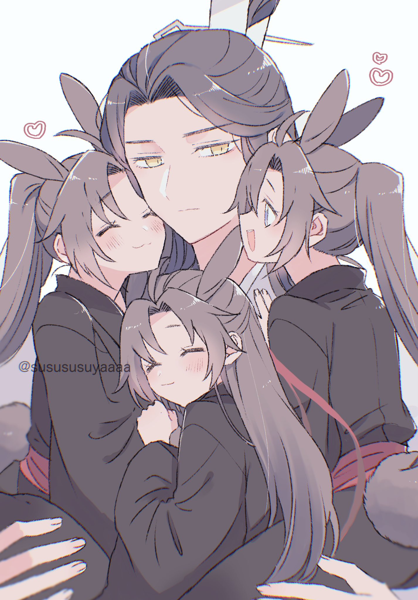 lan wangji, wei wuxian, wei wuxian (yiling laozu), modao zushi, highres, 4boys, ^ ^, animal ears, black hair, black hanfu, blush, brown hair, carrying, carrying person, chinese clothes, clone, closed eyes, closed mouth, grey eyes, hair down, hair ribbon, half updo, hanfu, heart, hug, kemonomimi mode, long hair, long sleeves, looking at another, male focus, mini person, miniboy, multiple boys, multiple persona, official alternate hairstyle, open mouth, parted bangs, ponytail, profile, rabbit boy, rabbit ears, rabbit tail, red ribbon, red sash, ribbon, robe, sash, sidelocks, simple background, smile, tail, topknot, twitter username, white background, wide sleeves, xiao guan (headdress), yaichi00, yaoi, yellow eyes
