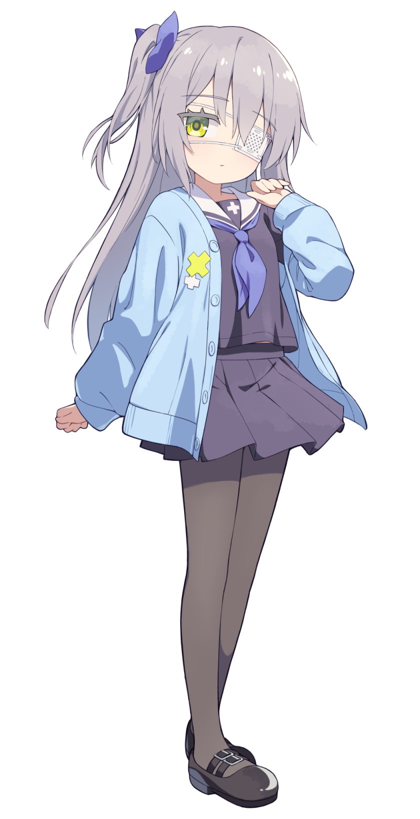 hiyaya (kochi michikaze), original, commentary request, highres, 1girl, black pantyhose, black serafuku, black shirt, black shoes, black skirt, blue cardigan, buttons, cardigan, closed mouth, eyepatch, full body, green eyes, grey hair, hand up, long hair, long sleeves, looking at viewer, neckerchief, one side up, open cardigan, open clothes, pantyhose, pleated skirt, purple neckerchief, sailor collar, school uniform, serafuku, shirt, shoes, simple background, skirt, solo, standing, tachi-e, transparent background, white sailor collar