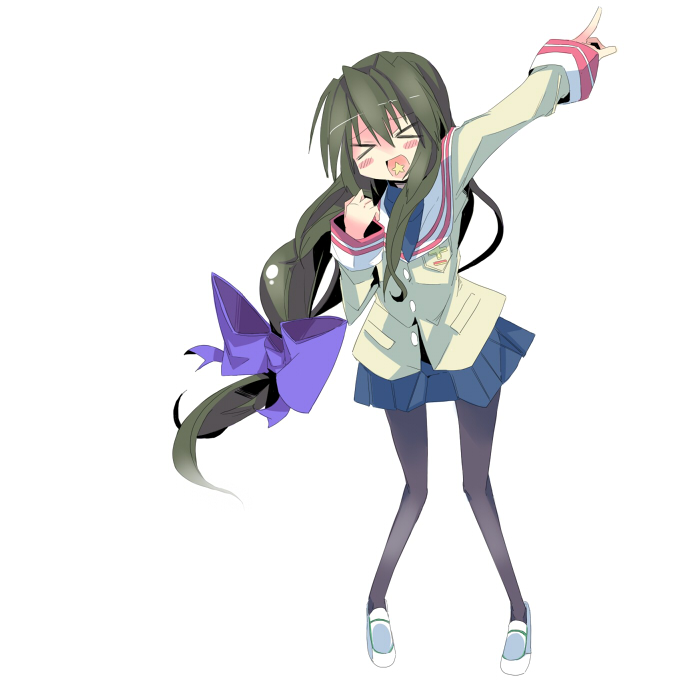 kanikama, ibuki fuuko, clannad, > <, 00s, bow, closed eyes, hair bow, long hair, pantyhose, pointing, school uniform, solo