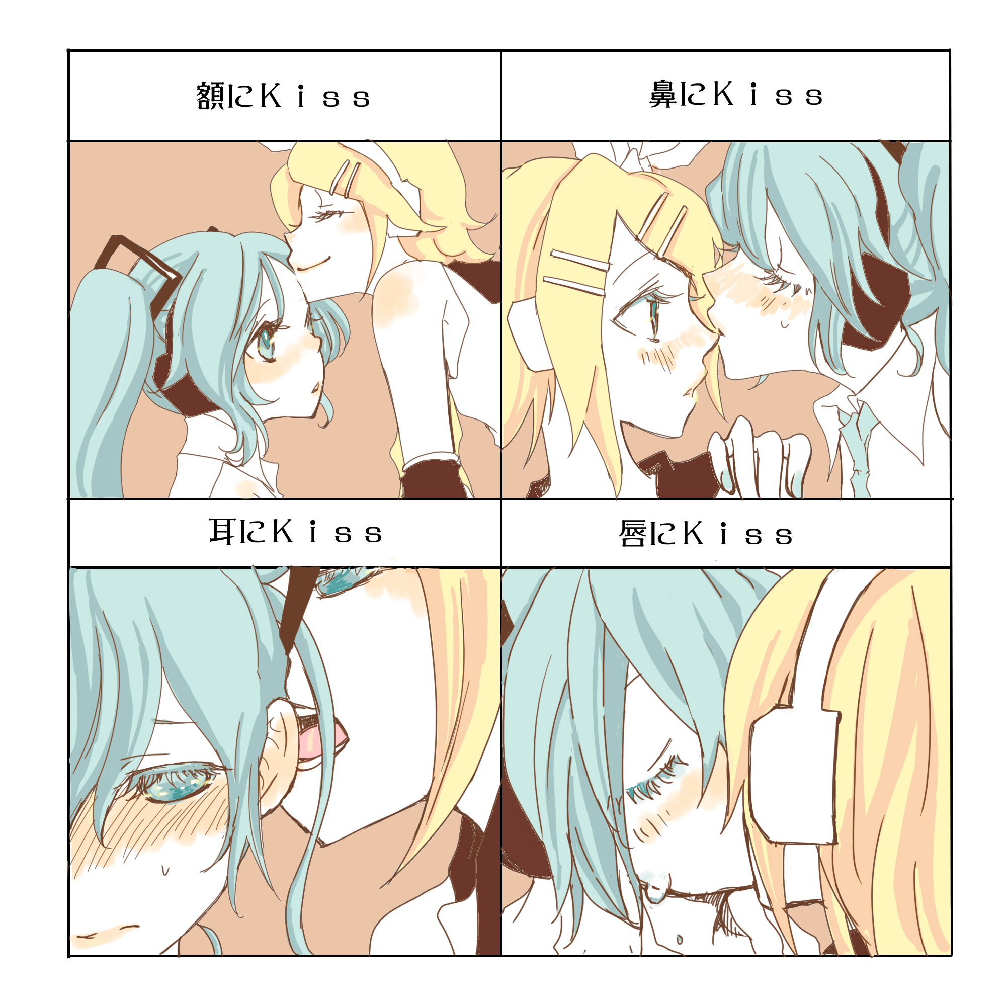 namo do, hatsune miku, kagamine rin, vocaloid, bad id, bad pixiv id, highres, 2girls, aqua eyes, aqua hair, blonde hair, blush, chart, closed eyes, eyelashes, headphones, kiss, kiss chart, kissing ear, kissing forehead, kissing nose, long hair, multiple drawing challenge, multiple girls, short hair, twintails, yuri