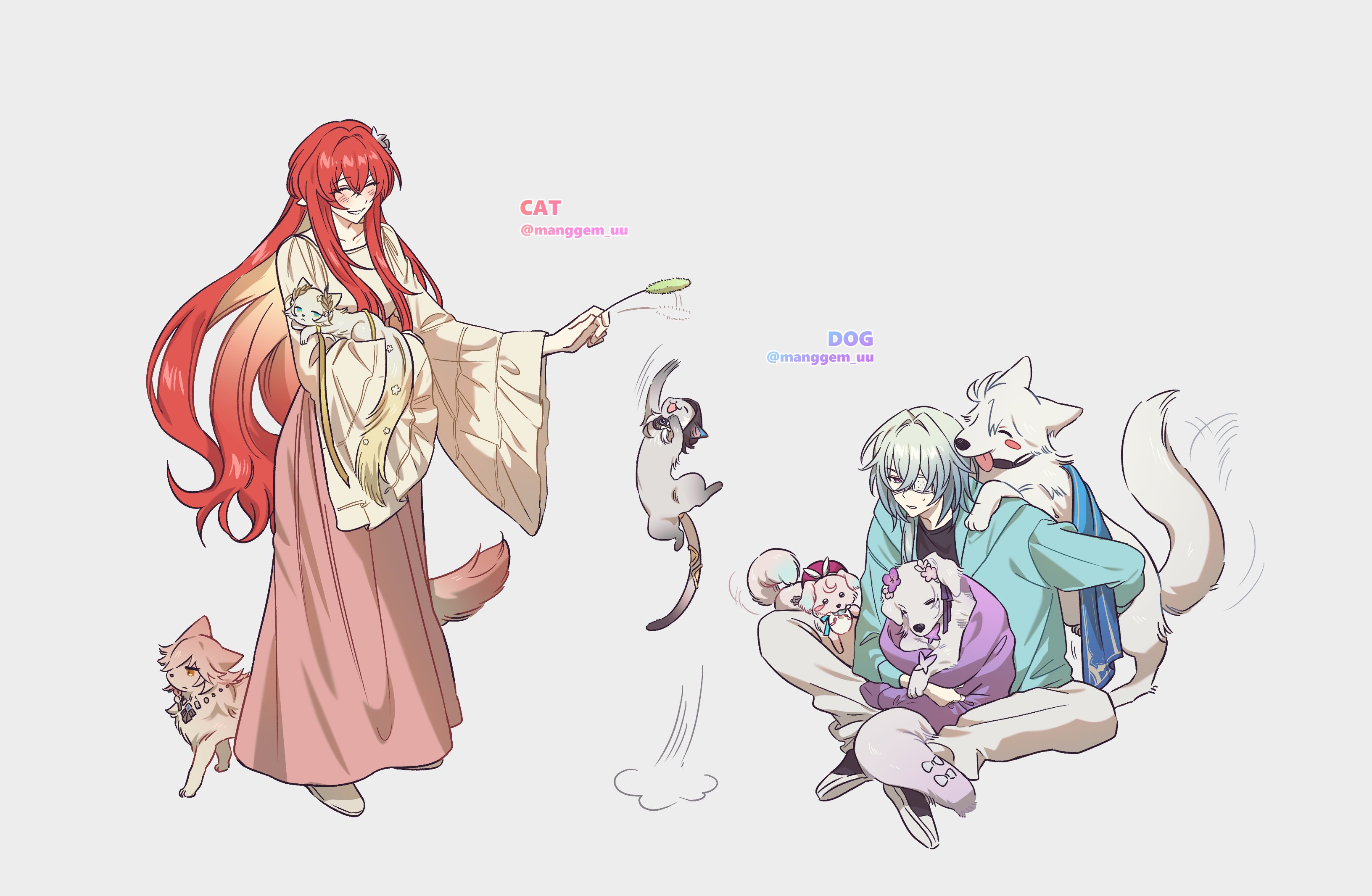 manggem uu, aglaea (honkai: star rail), anaxa (honkai: star rail), castorice (honkai: star rail), cipher (honkai: star rail), hyacine (honkai: star rail), mydei (honkai: star rail), phainon (honkai: star rail), tribios (honkai: star rail), honkai: star rail, honkai (series), absurdres, highres, korean commentary, 1boy, 1girl, ^ ^, afterimage, ahoge, alternate costume, animal, animal on back, animal on lap, animalization, aqua jacket, arm behind back, black shirt, black shoes, blanket, blue eyes, blush, blush stickers, cat, closed eyes, clothed animal, collarbone, crew neck, dog, dog on lap, eyepatch, flower, frown, full body, green hair, grey background, grey cat, hair between eyes, hair flower, hair intakes, hair ornament, hair over shoulder, happy, holding, holding animal, holding cat, holding cat teaser, hood, hood down, hooded jacket, indian style, jacket, jewelry, jumping, long hair, long skirt, looking at animal, low side ponytail, medical eyepatch, medium hair, motion lines, multicolored eyes, necklace, on floor, on lap, one eye covered, open clothes, open jacket, orange cat, pants, parted lips, pearl necklace, pink eyes, pink skirt, playing, pointy ears, poodle, puff of air, red hair, samoyed (dog), shirt, shoes, sideways glance, simple background, sitting, skirt, smile, standing, sweatdrop, two-tone eyes, white pants, white shirt, white shoes, wide sleeves, yellow cat