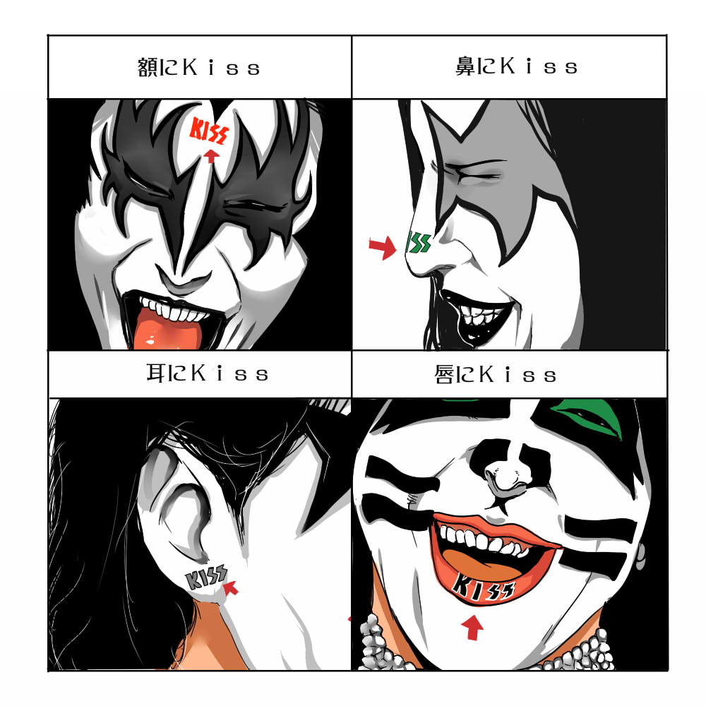 nakasone haiji, gene simmons, kiss (rock band), bad id, bad pixiv id, translated, 4boys, arrow (symbol), chart, ear focus, facepaint, forehead, kiss chart, lips, male focus, multiple boys, multiple drawing challenge, nose, parody, pun, teeth, too literal