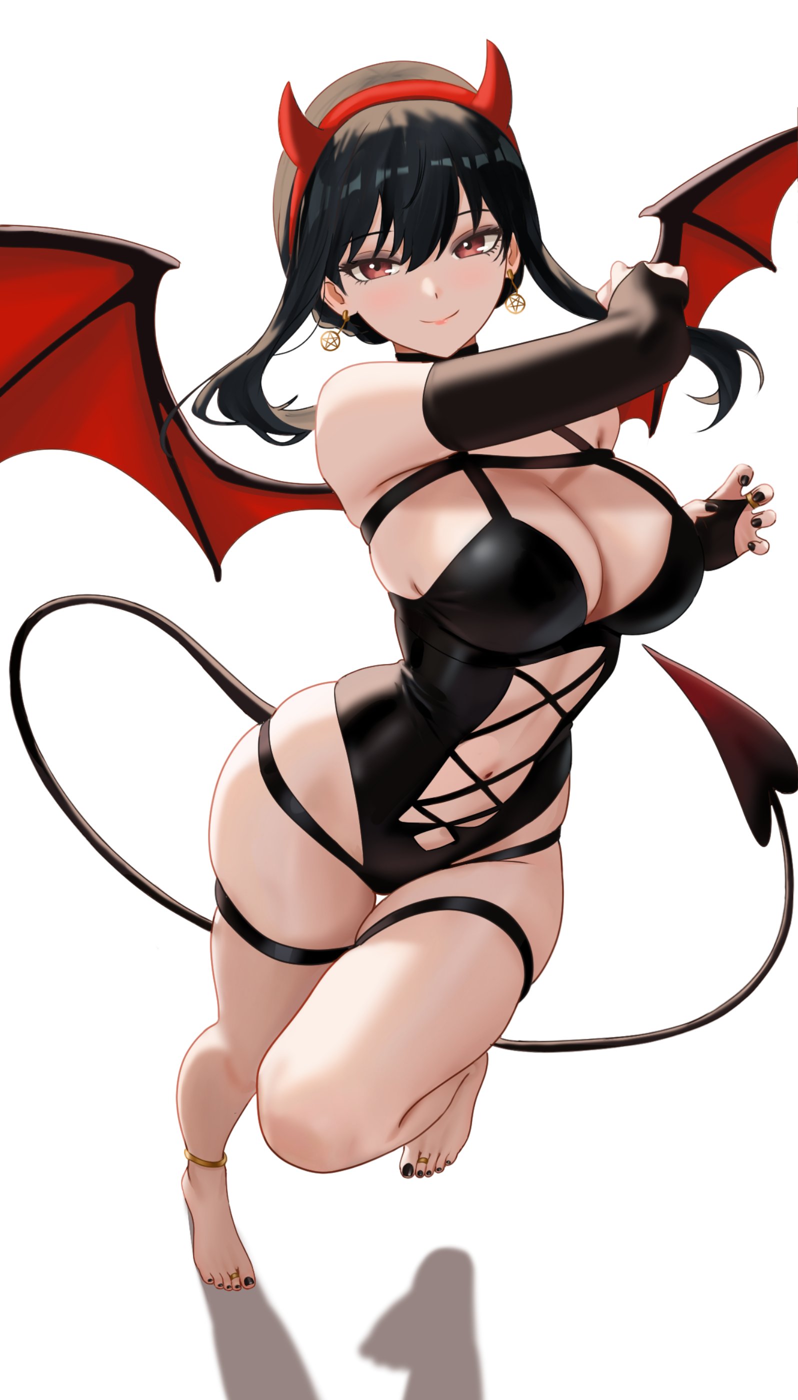nihu, yor briar, spy x family, absurdres, commentary, english commentary, highres, 1girl, anklet, bare legs, bare shoulders, barefoot, black choker, black gloves, black hair, black leotard, black nails, breasts, bridal gauntlets, choker, cleavage, clothing cutout, demon wings, earrings, elbow gloves, fake horns, feet, gloves, hair between eyes, hairband, halloween costume, highleg, highleg leotard, horn hairband, horns, jewelry, large breasts, legs, leotard, long hair, looking at viewer, nail polish, pentagram earrings, red eyes, red hairband, shadow, sidelocks, simple background, skindentation, smile, solo, standing, standing on one leg, stomach cutout, tail, thigh gap, thighs, toe ring, toenail polish, toenails, toes, white background, wings