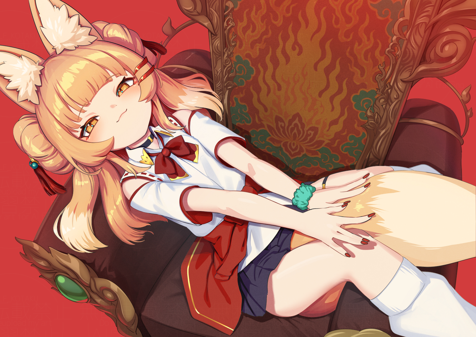 seigetsu kotaku, original, commentary request, 1girl, :3, animal ears, armchair, between legs, blush, chair, double bun, fingernails, fox ears, fox girl, fox tail, hair bun, hair ornament, long fingernails, long hair, looking at viewer, loose socks, orange eyes, orange hair, red nails, sitting, skirt, smile, socks, solo, tail, tail between legs, tassel, tassel hair ornament